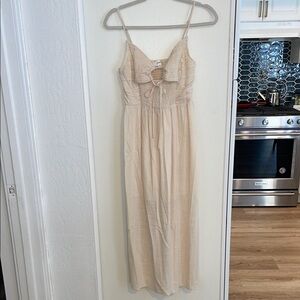 Linen Blend Cream Maxi Dress with Smocked Bodice and Spaghetti Straps
